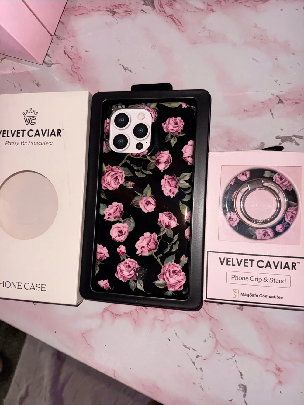 Velvet Caviar Pink Rose Floral Phone Case & Phone Grip - Black Background